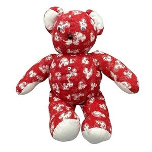 VINTAGE HANDMADE TEDDY BEAR RED WHITE HEART PRINT VALENTINE LOVEY COLLECTIBLE